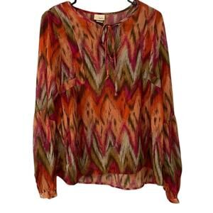 Daytrip Multicolor Chevron Blouse M Womens Sheer Long Sleeve Career Printed